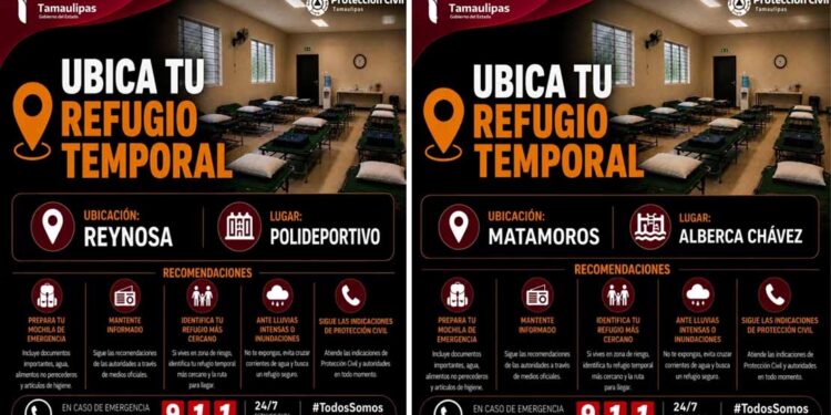 Habilita Protección Civil refugios temporales en Reynosa, Matamoros y Río Bravo ante condiciones meteorológicas