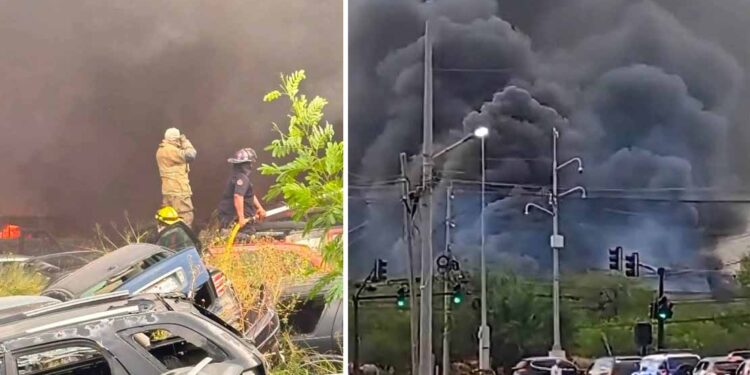 Incendio consume más de 200 vehículos en corralón de Reynosa